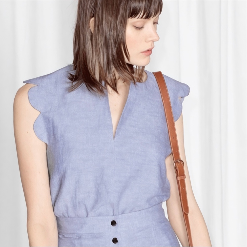 & Other Stories Paris Atelier Scalloped Edge Linen Blouse in Blue